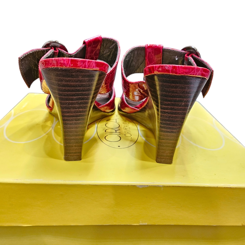 Joan & David Orchid Dark Red Croc Pattern Square Toe Wedge Sandals Size 6.5 - Picture 5 of 11